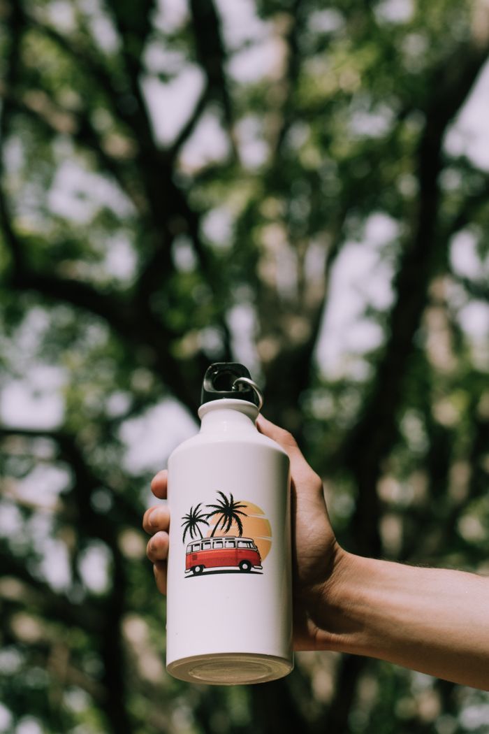A hand holding a decorative water bottle in a lush outdoor setting, perfect for adventure enthusiasts.
